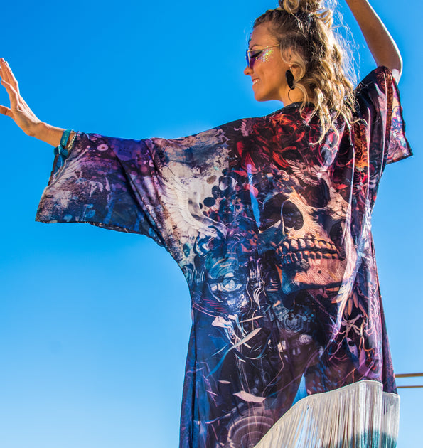 Midnight Burnout Velvet Kimono with Black Fringe – Warrior Within Designs