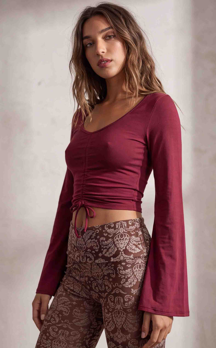 Maroon Bamboo Bell Sleeve Cinch Top