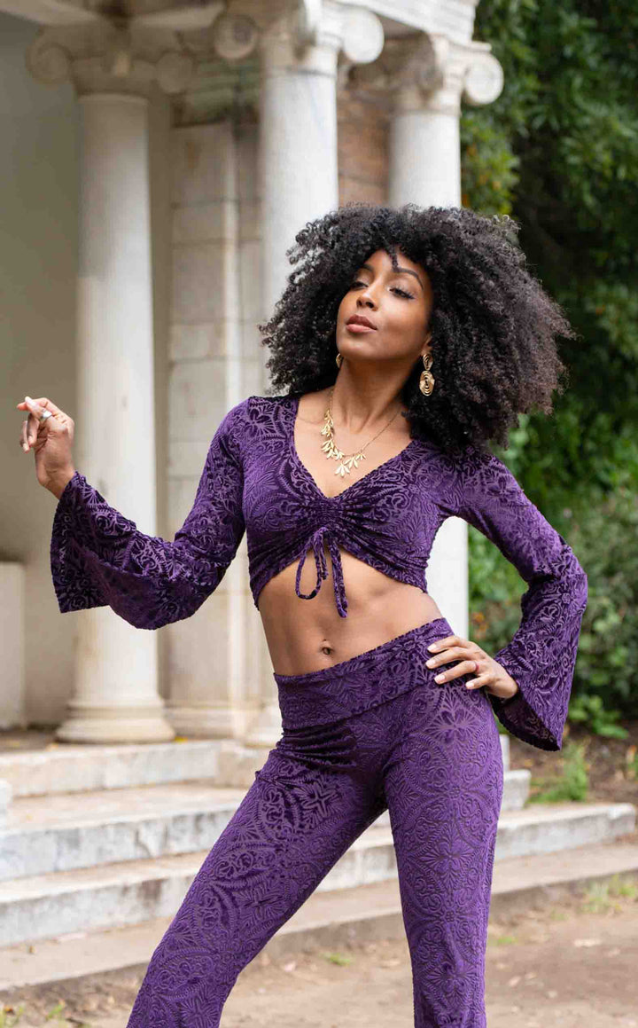 Purple Burnout Velvet Bell Sleeve Cinch Top