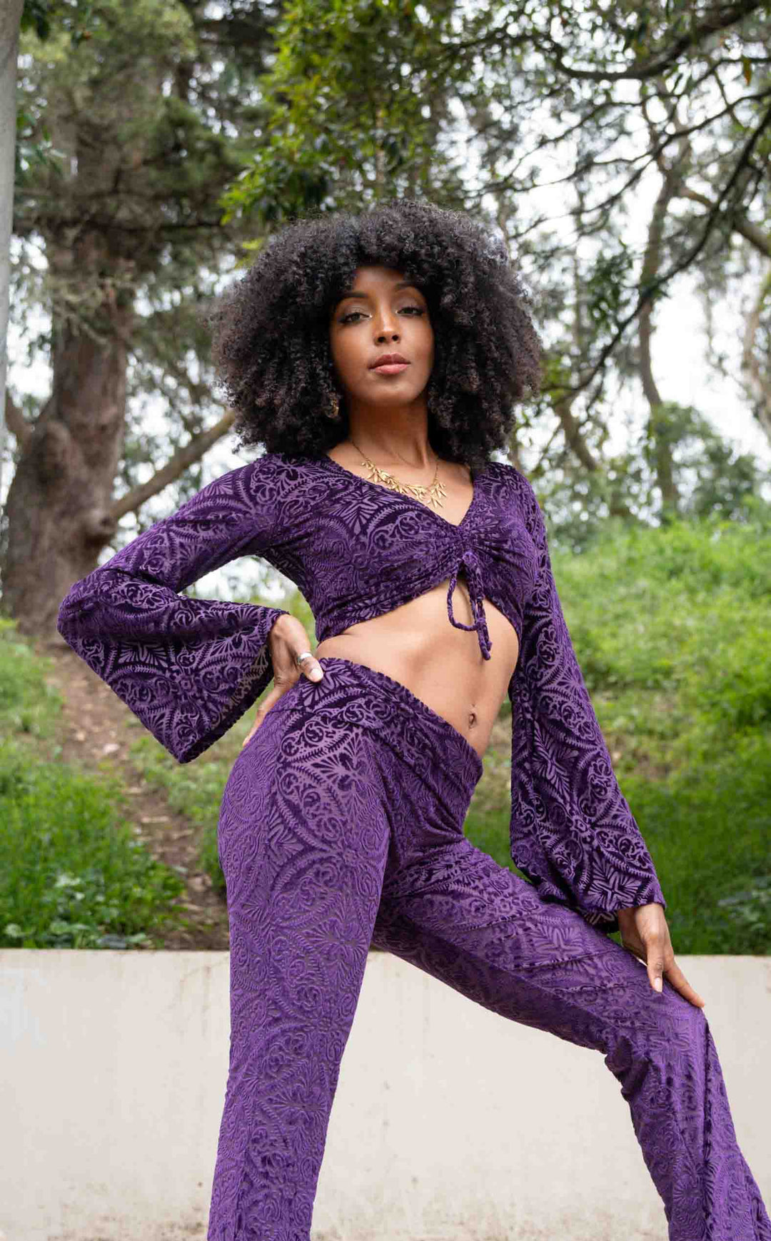 Purple Burnout Velvet Bell Sleeve Cinch Top
