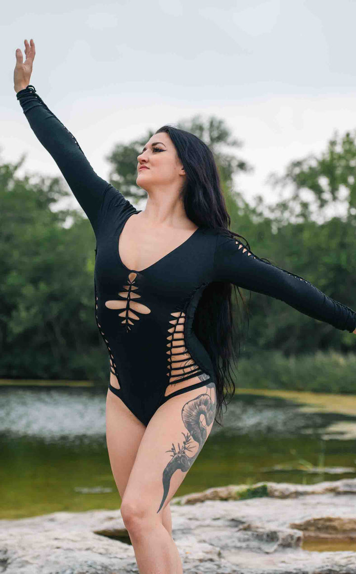 Black Bamboo Lyra Bodysuit - Snip Tease - Arm Cuts