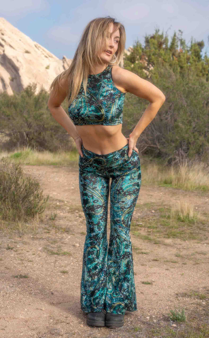 Emerald Paisley Burnout Velvet Slim Bells