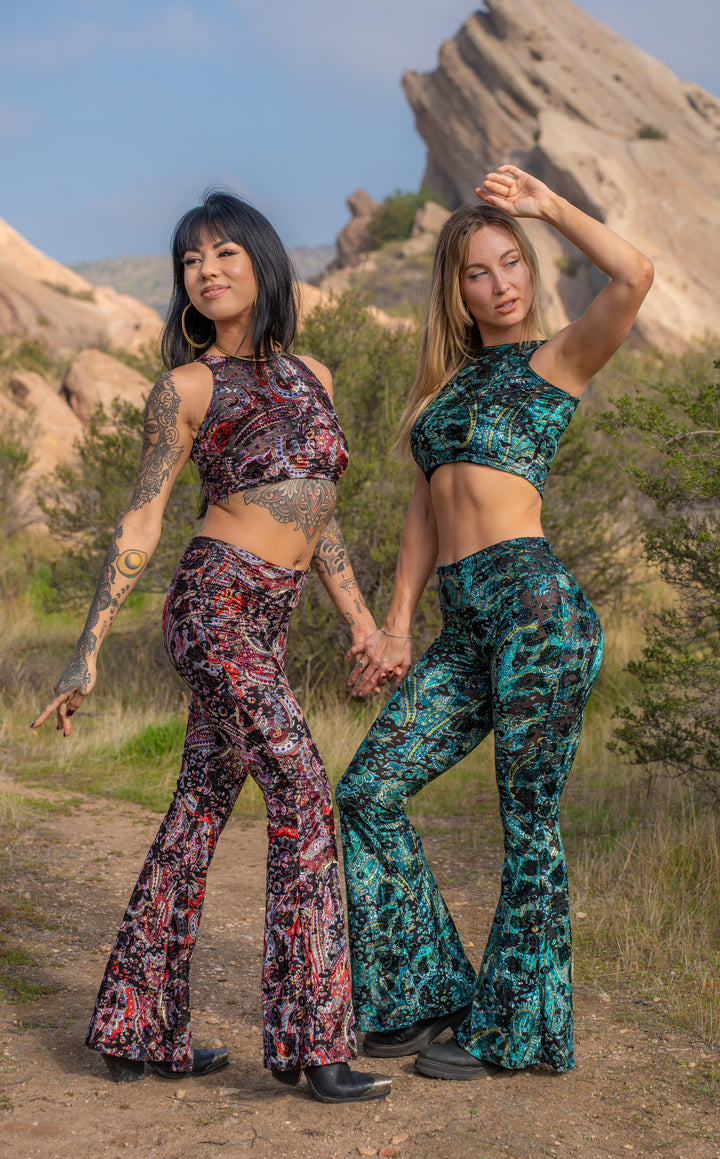 Ruby & Emerald Paisley Burnout Velvet Slim Bells