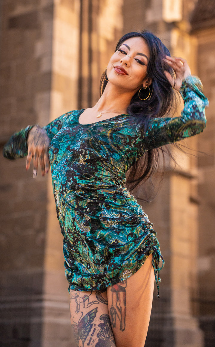 Emerald Burnout Sleeved Echo Cinch Dress