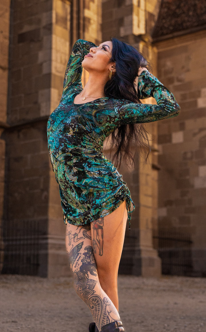 Emerald Burnout Sleeved Echo Cinch Dress