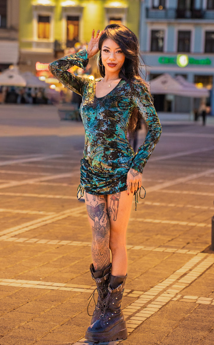 Emerald Burnout Sleeved Echo Cinch Dress