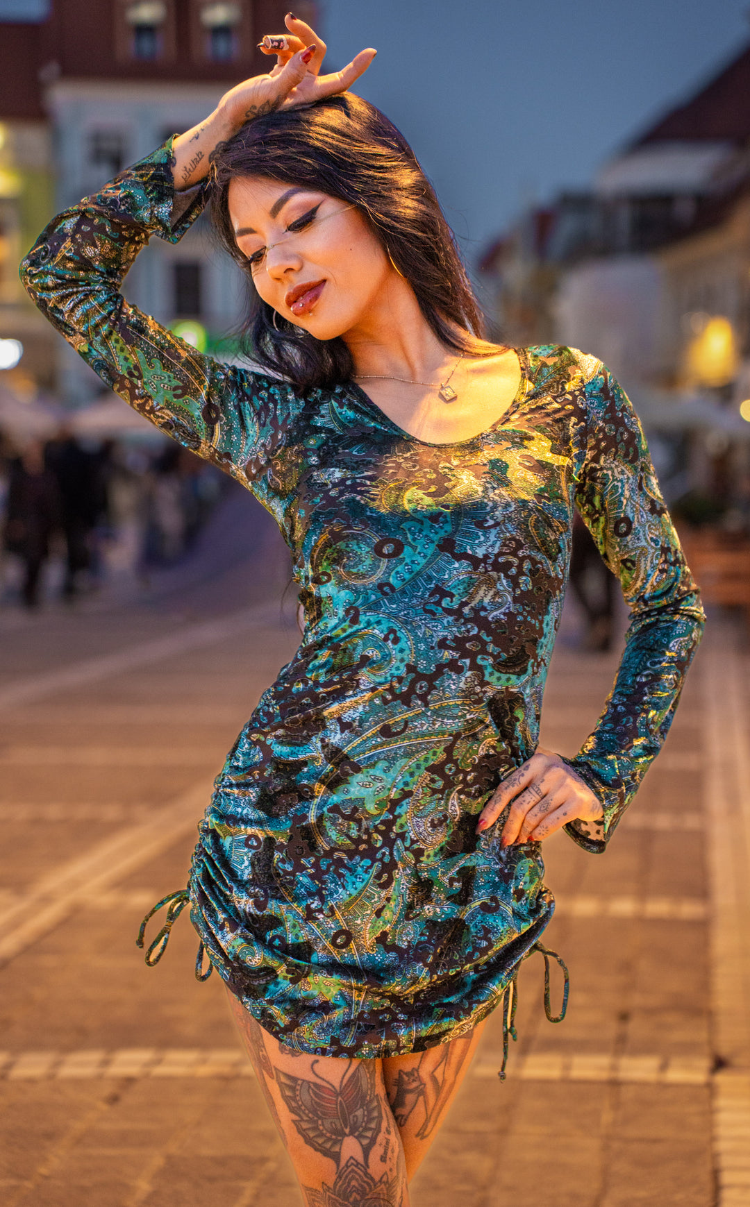 Emerald Burnout Sleeved Echo Cinch Dress