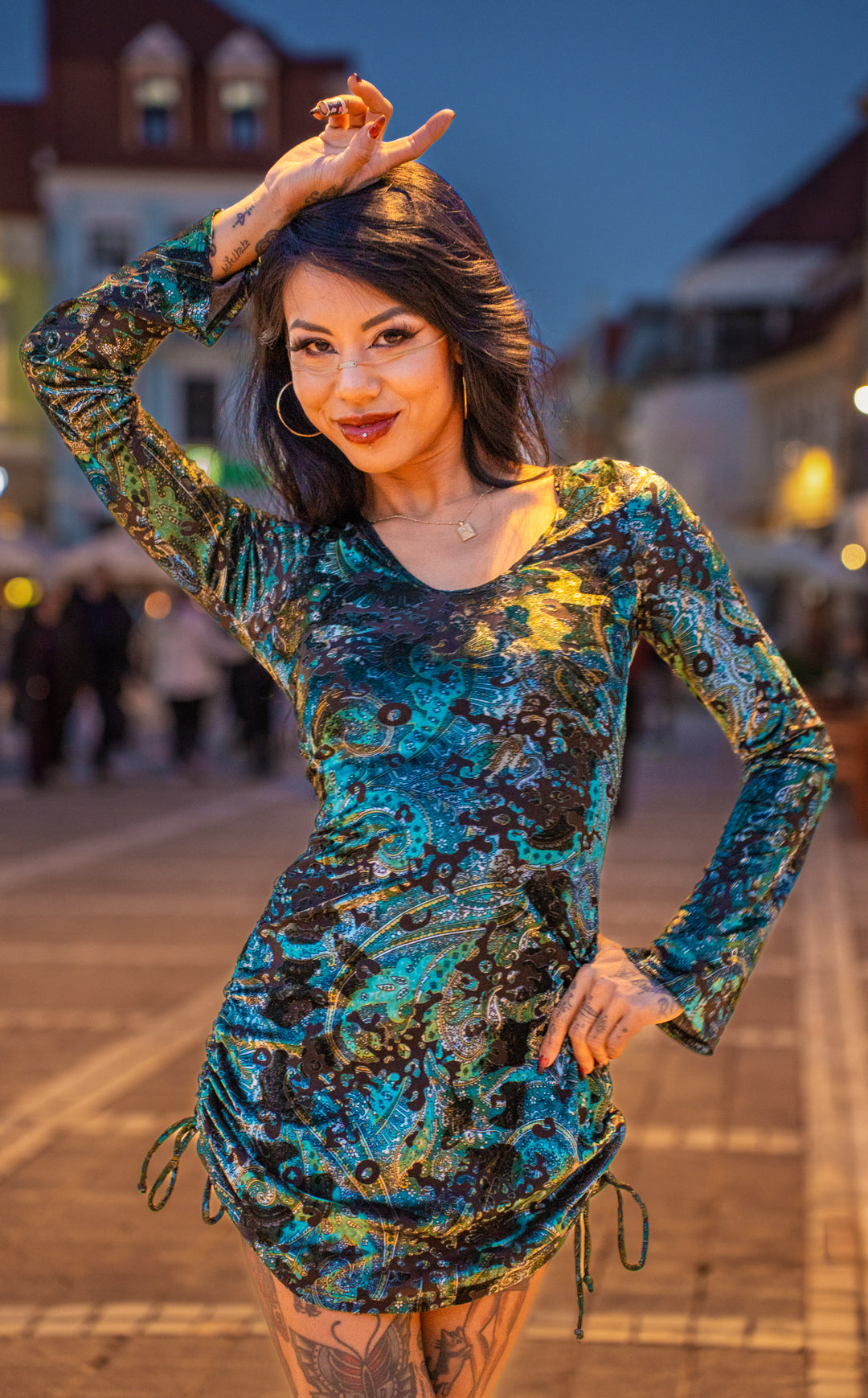 Emerald Burnout Sleeved Echo Cinch Dress