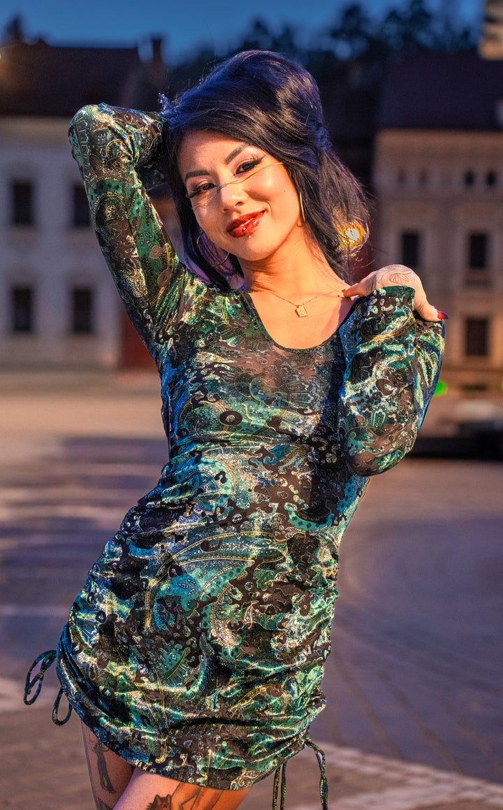 Emerald Burnout Sleeved Echo Cinch Dress