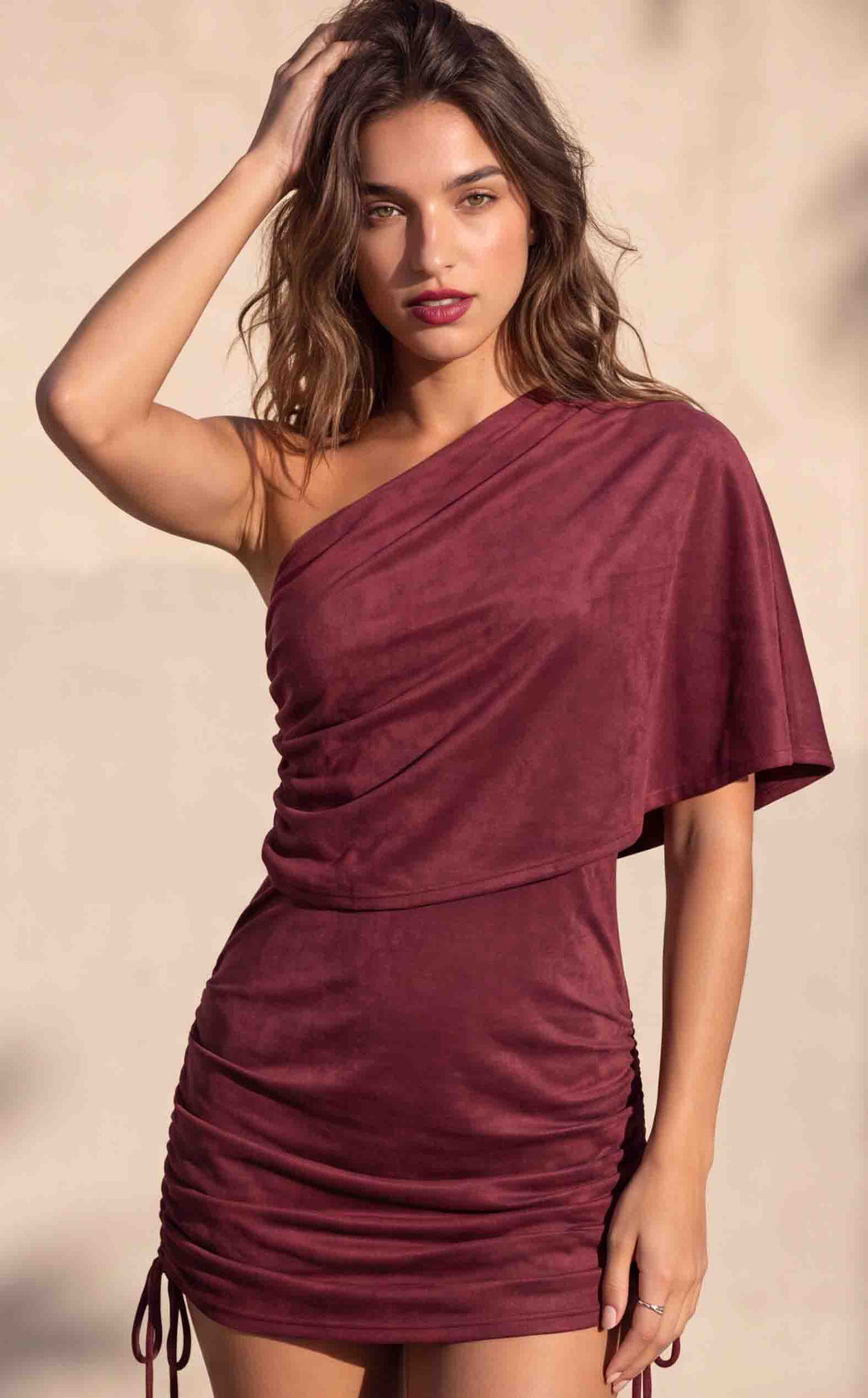 Snipped Wine Vegan Suede Huntress Cinch Dress