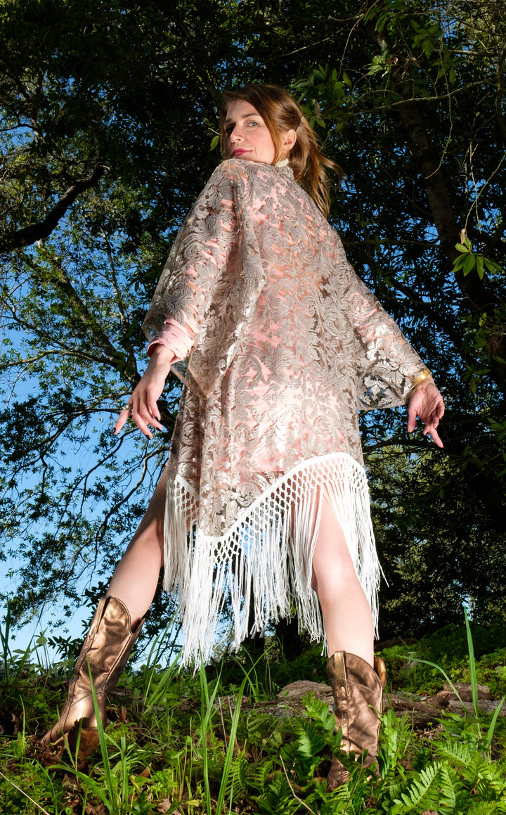 Sand Sparkle Lace Kimono with White Fringe