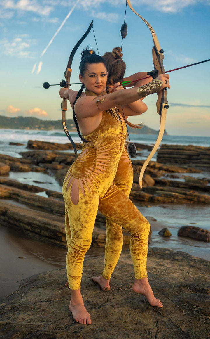 Gold Velvet Swirl Cut Panther Ladyhawke Onesie x Sniptease