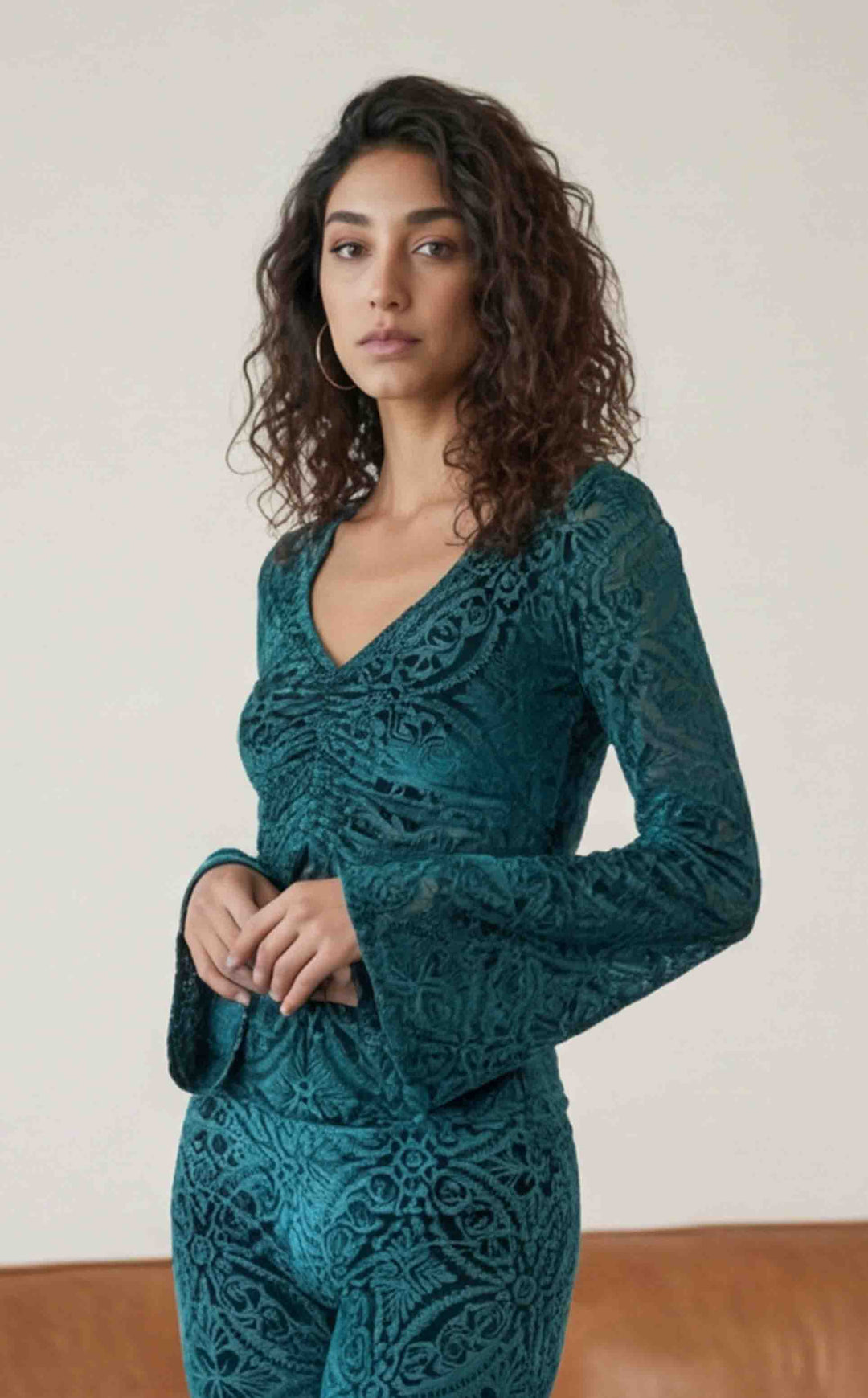 Deep Teal Burnout Velvet Bell Sleeve Cinch Top