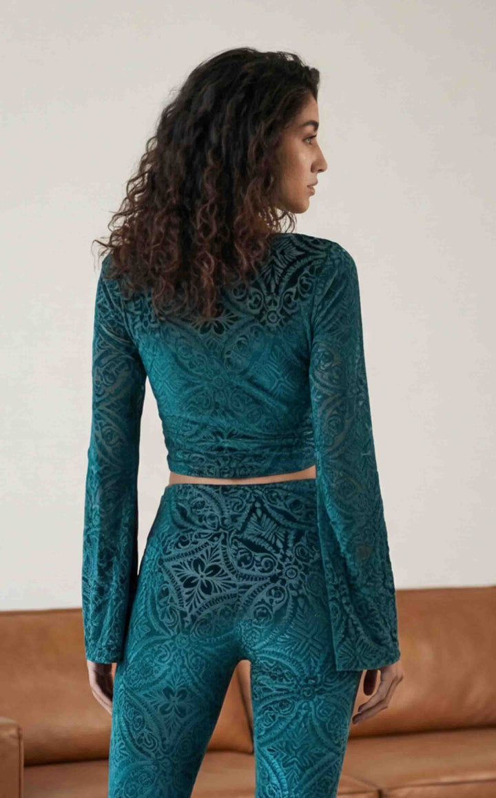 Deep Teal Burnout Velvet Bell Sleeve Cinch Top