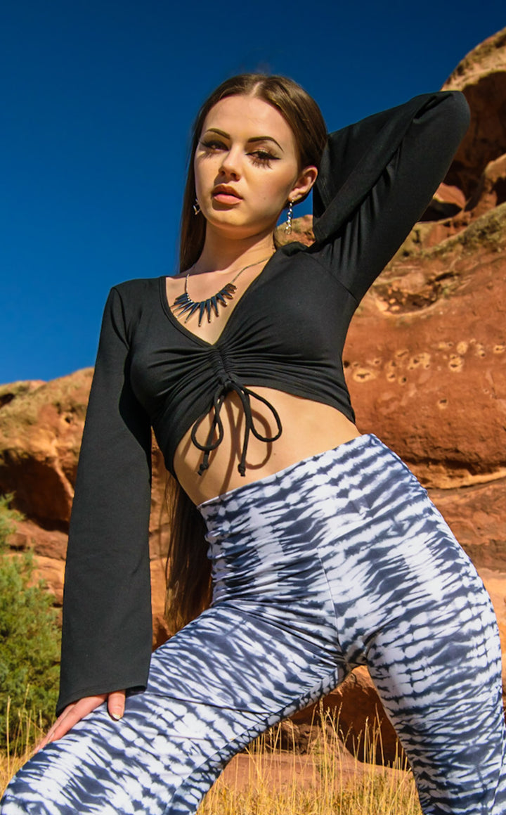 Black Bamboo Bell Sleeve Cinch Top