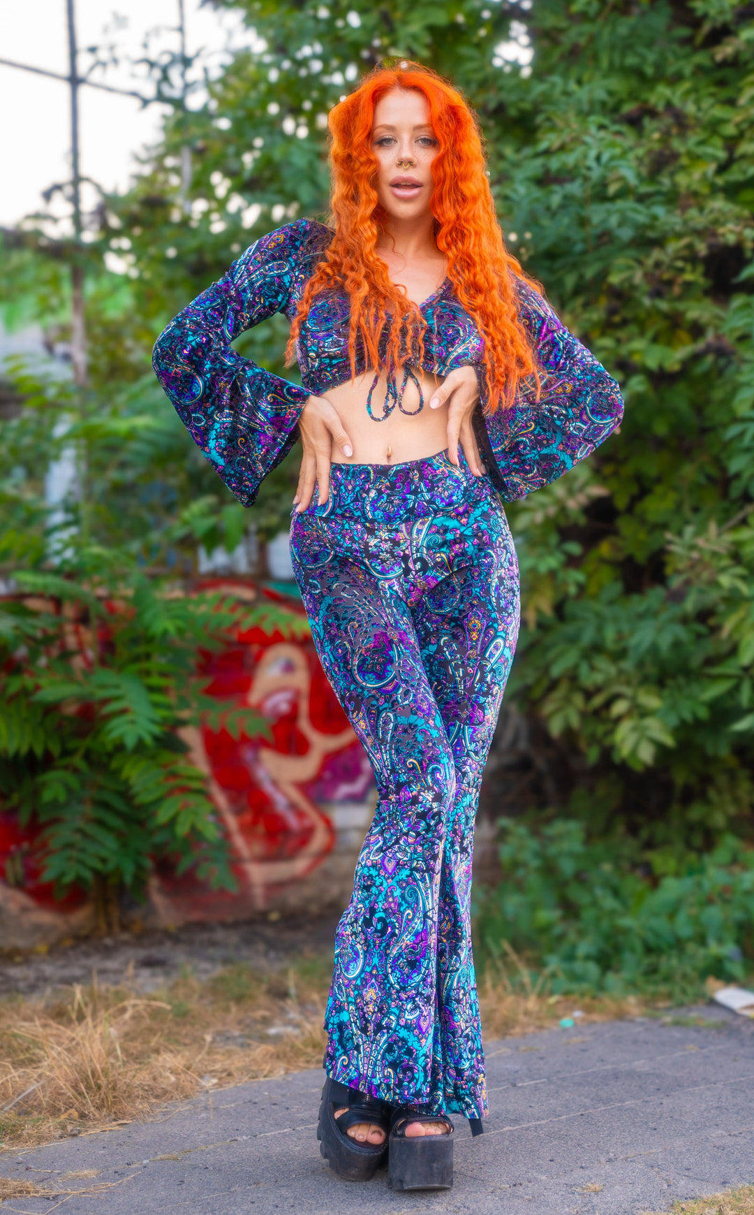 Purple Paisley Burnout Velvet Slim Bells