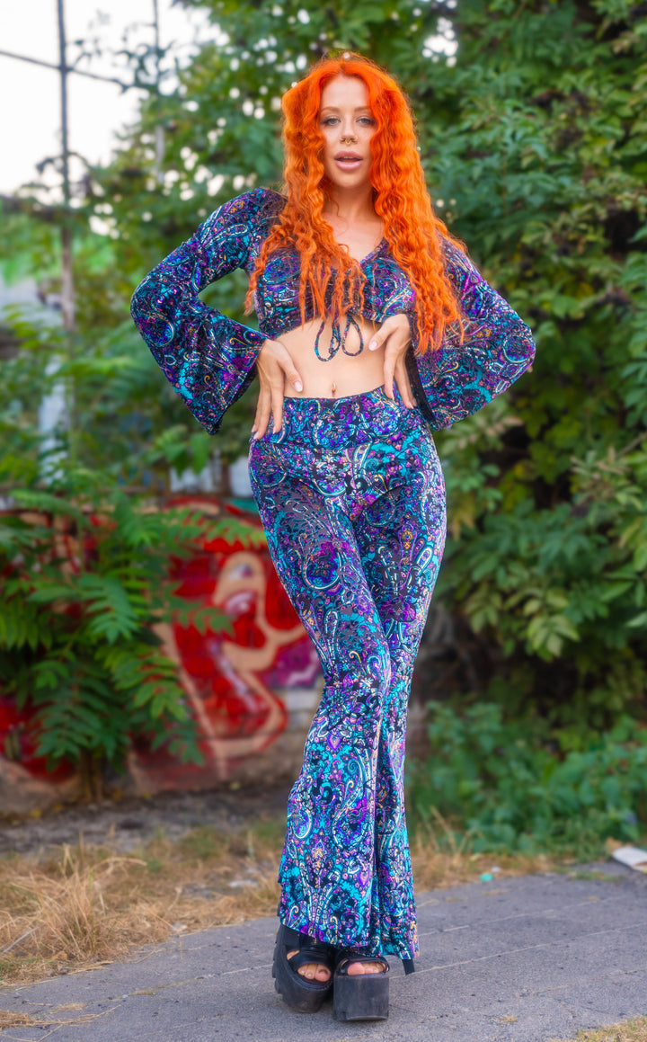 Purple Paisley Burnout Velvet Slim Bells