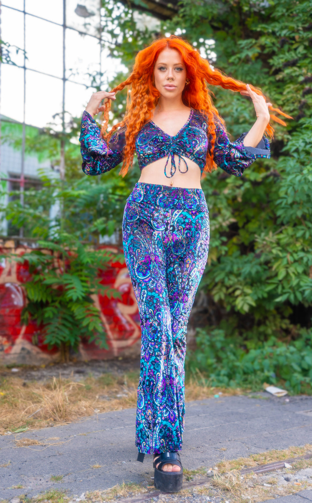 Purple Paisley Burnout Velvet Slim Bells