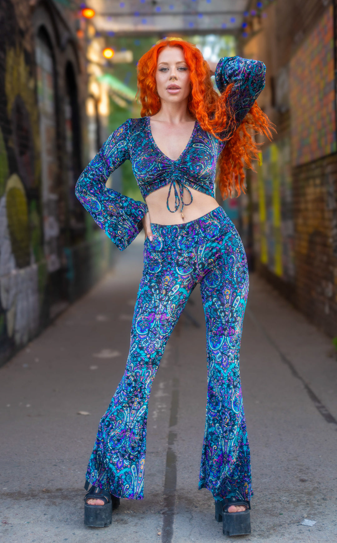 Purple Paisley Burnout Velvet Slim Bells