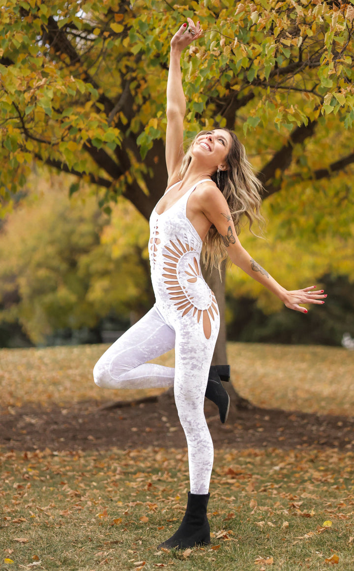 White Velvet Swirl Cut Panther Ladyhawke Onesie x Sniptease