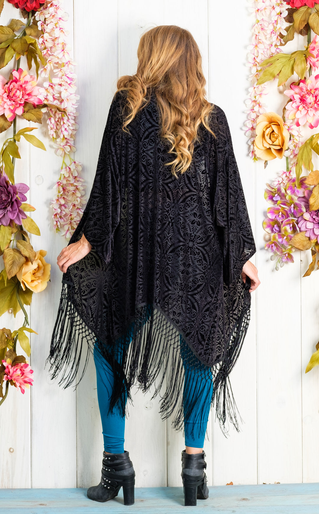 Midnight  Burnout Velvet Kimono with Black Fringe