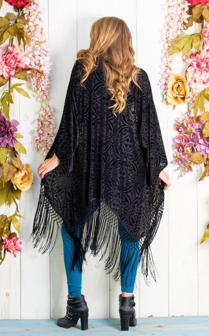 Midnight  Burnout Velvet Kimono with Black Fringe