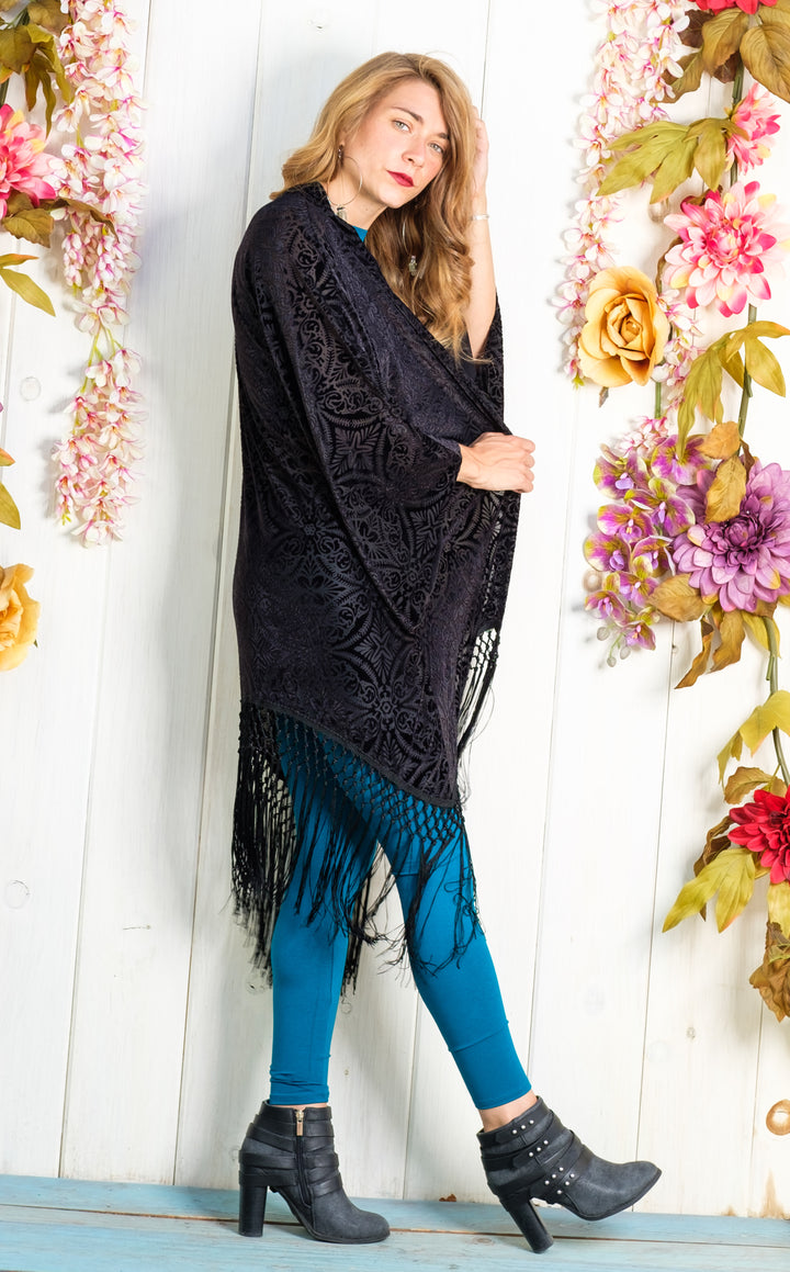 Midnight  Burnout Velvet Kimono with Black Fringe