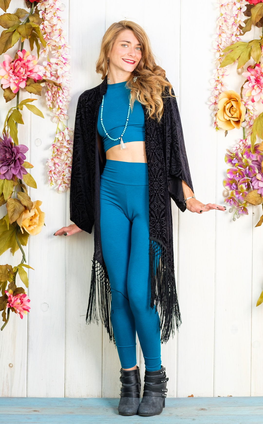 Midnight  Burnout Velvet Kimono with Black Fringe