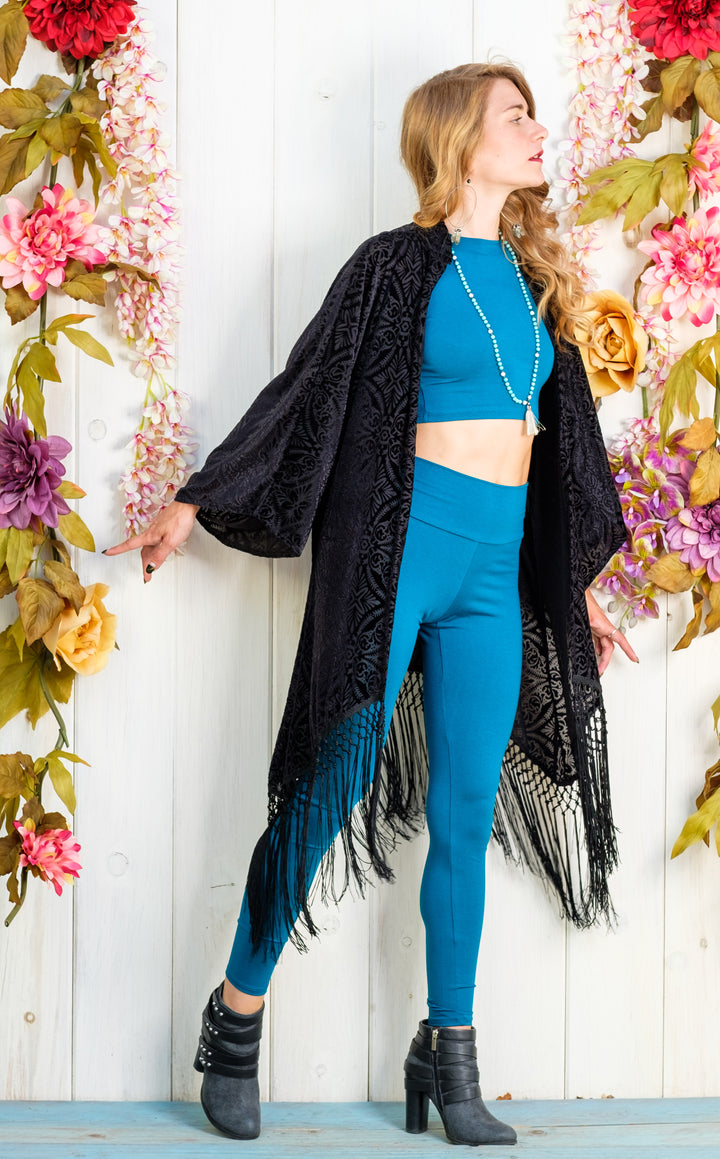 Midnight  Burnout Velvet Kimono with Black Fringe
