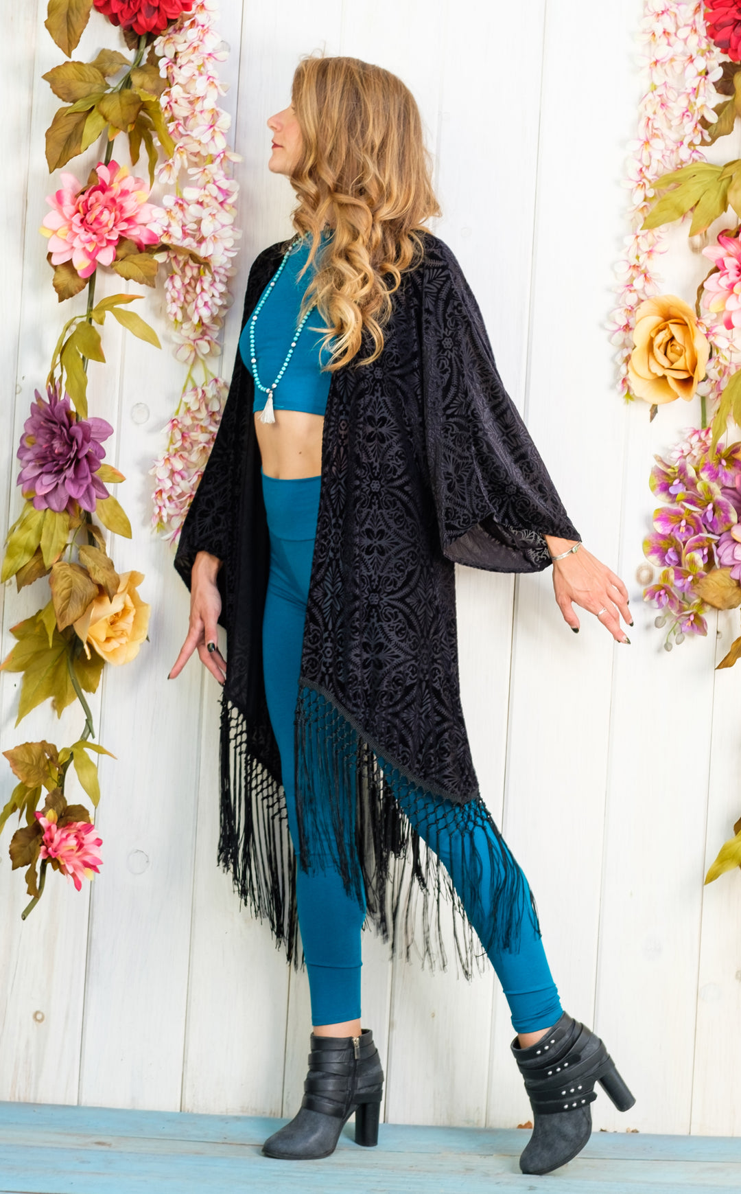 Midnight  Burnout Velvet Kimono with Black Fringe