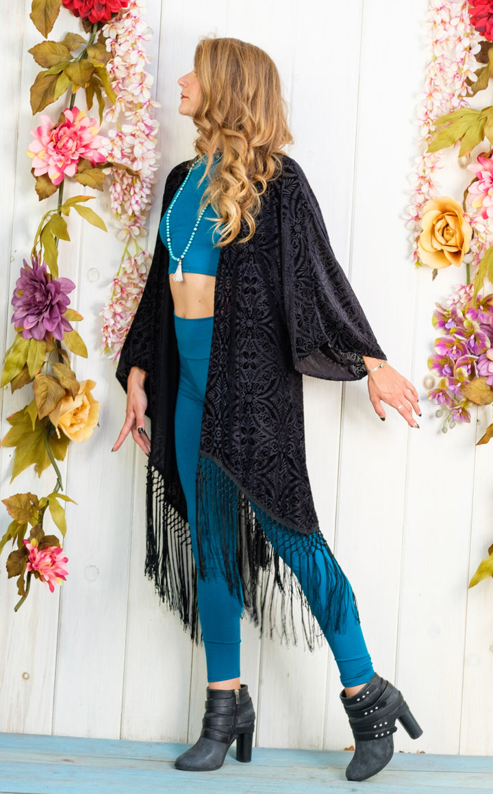 Midnight  Burnout Velvet Kimono with Black Fringe