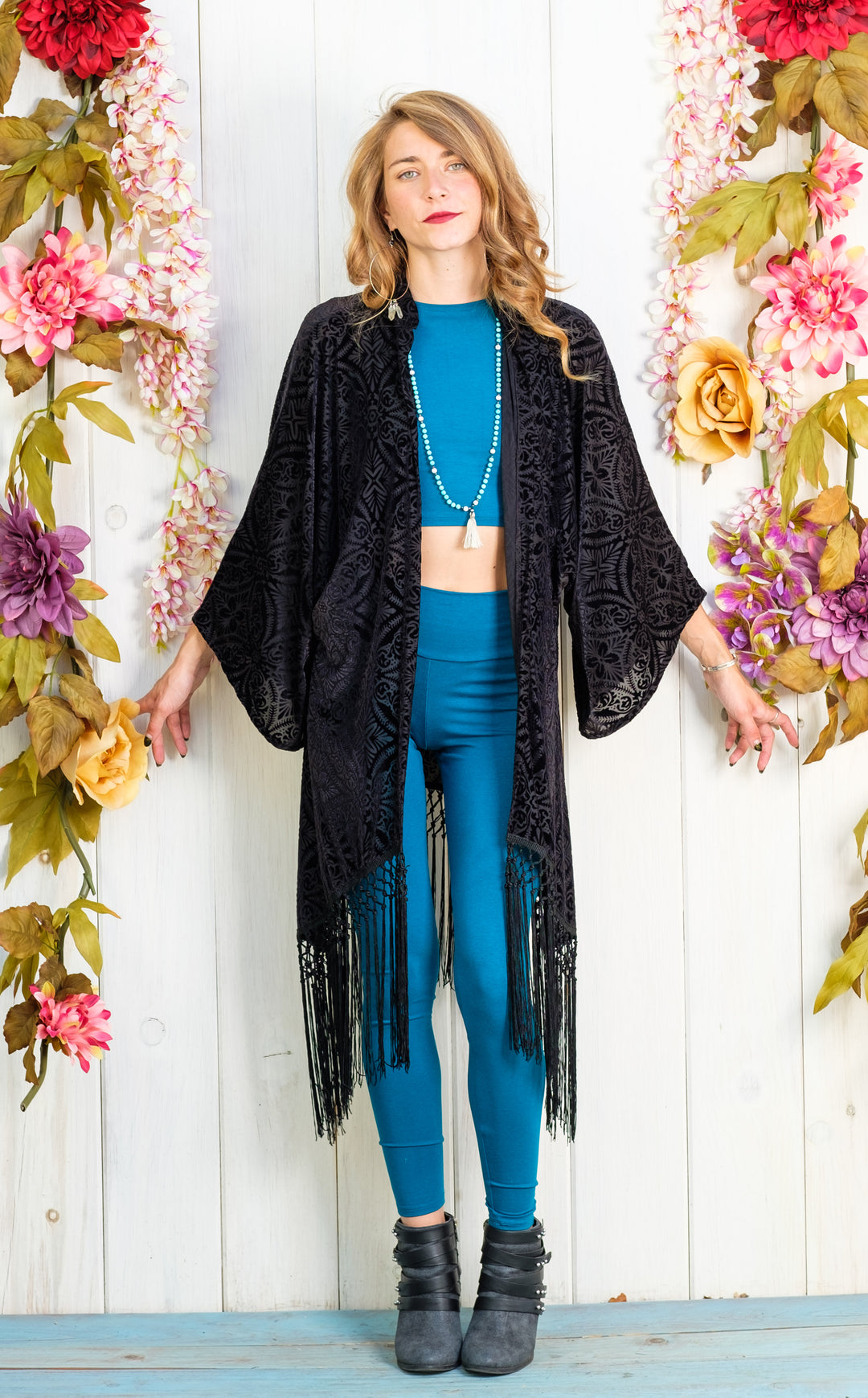 Midnight  Burnout Velvet Kimono with Black Fringe