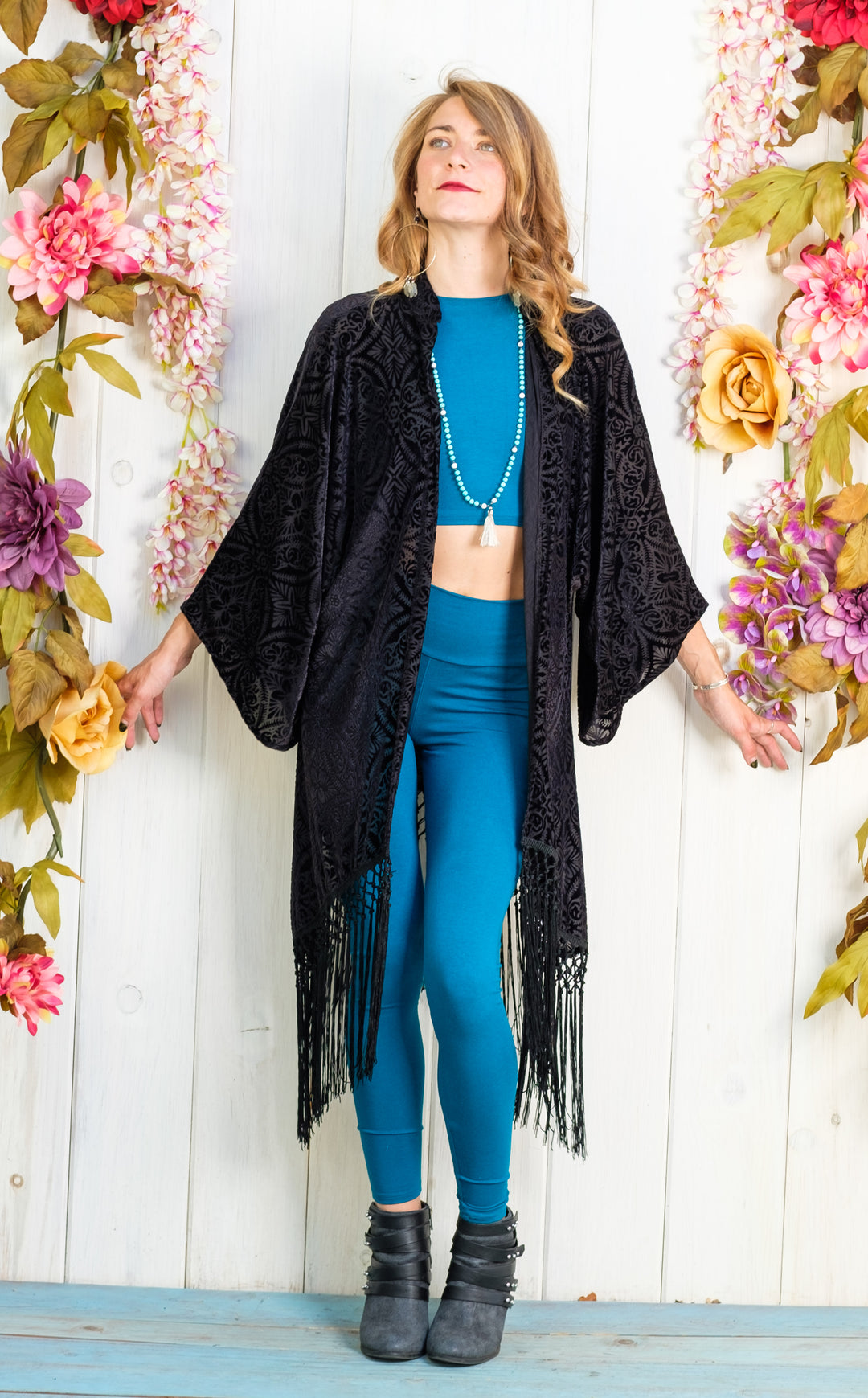 Midnight  Burnout Velvet Kimono with Black Fringe