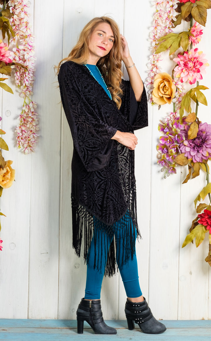 Midnight  Burnout Velvet Kimono with Black Fringe