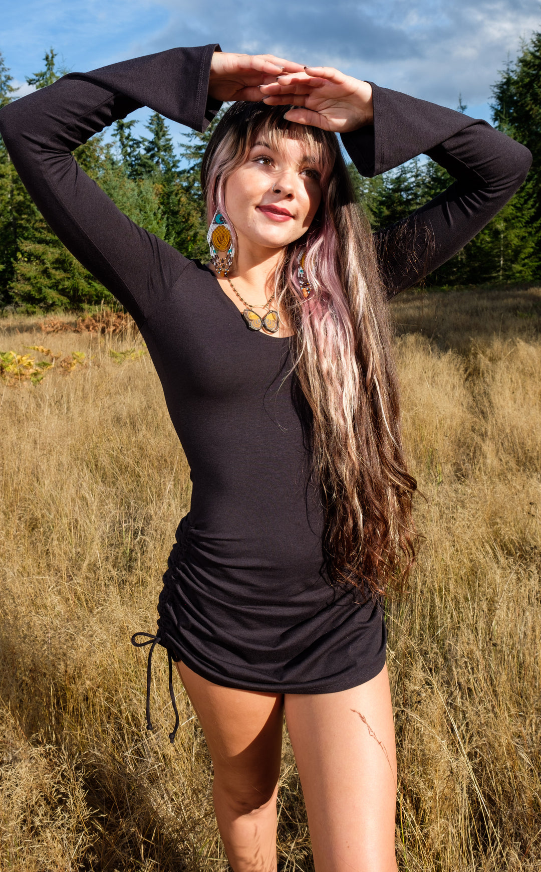 Black Bamboo Sleeved Echo Cinch Dress