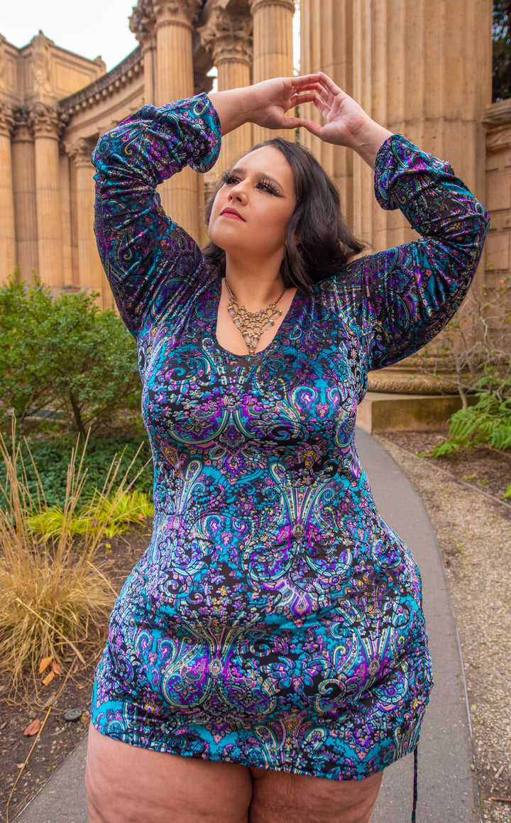 Purple Paisley Burnout Sleeved Echo Cinch Dress -