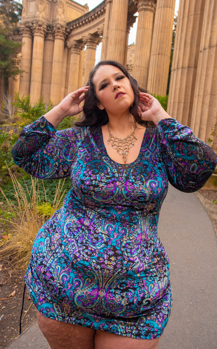 Purple Paisley Burnout Sleeved Echo Cinch Dress -