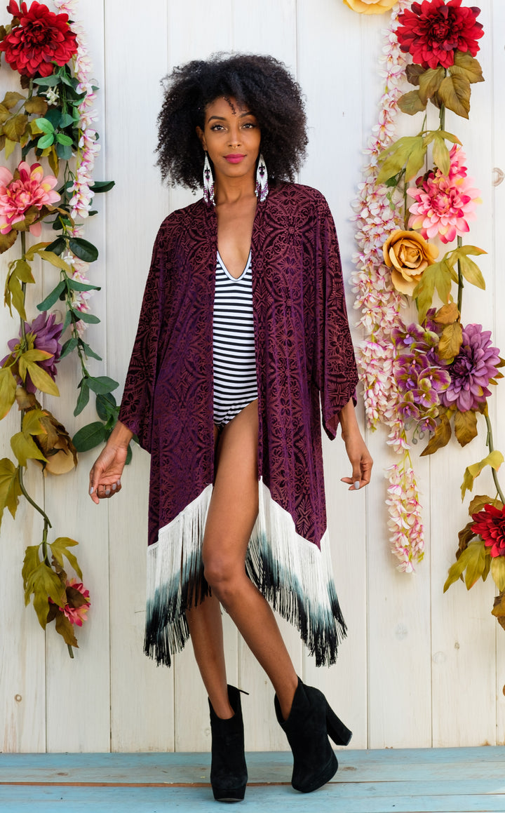 Maroon Burnout Velvet Kimono
