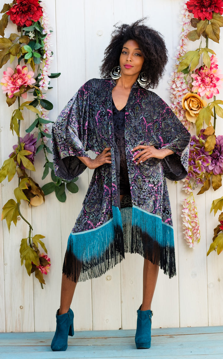 Pink Paisley Burnout Velvet Kimono with Teal/Black Ombre Fringe