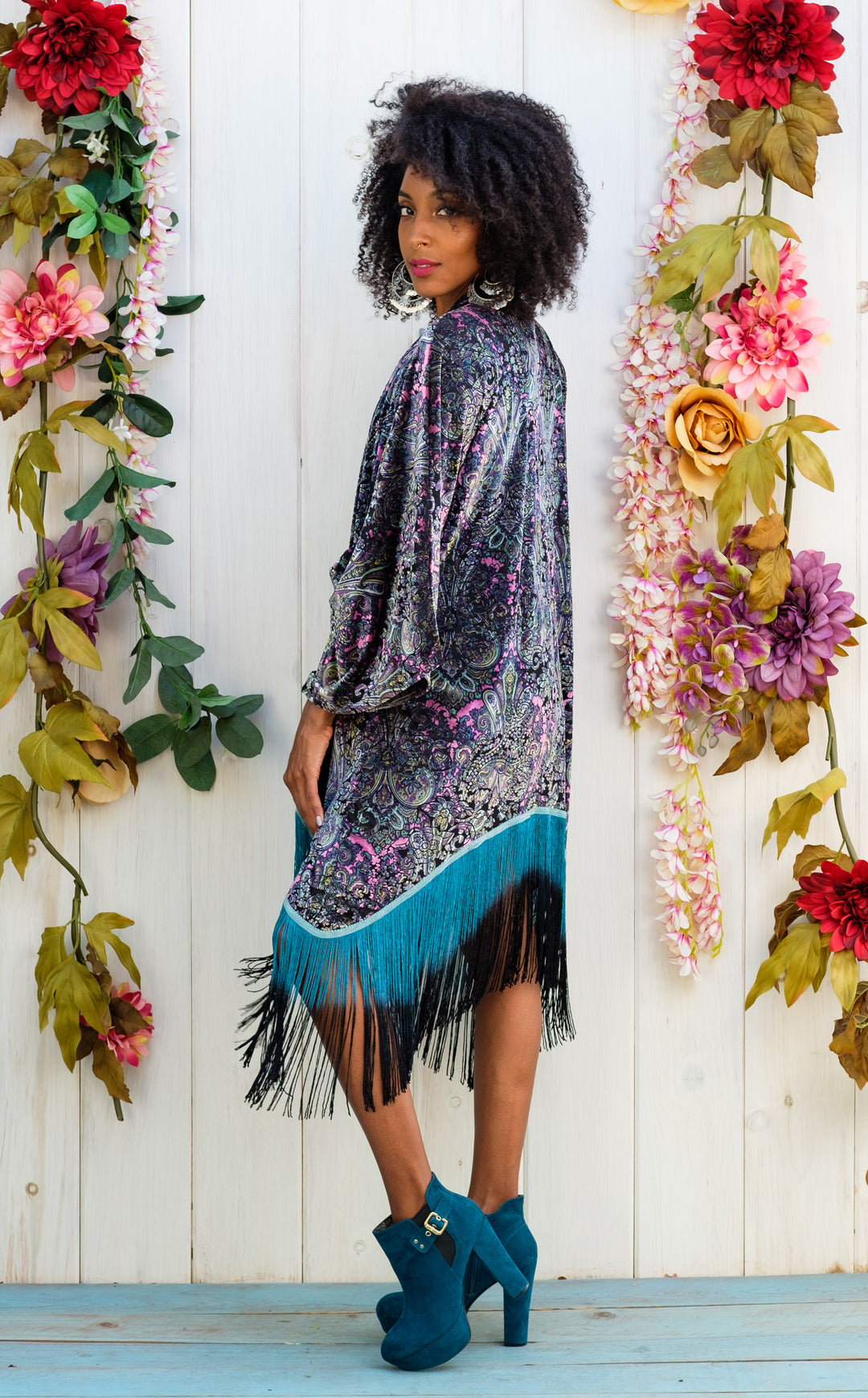Pink Paisley Burnout Velvet Kimono with Teal/Black Ombre Fringe