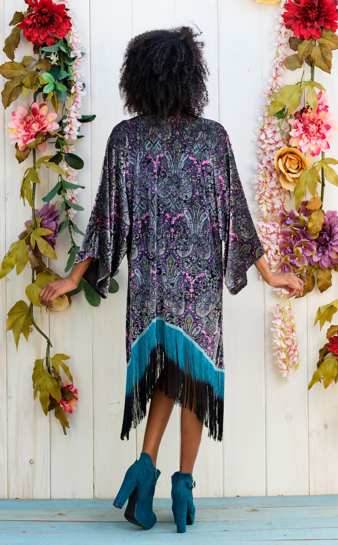 Pink Paisley Burnout Velvet Kimono with Teal/Black Ombre Fringe