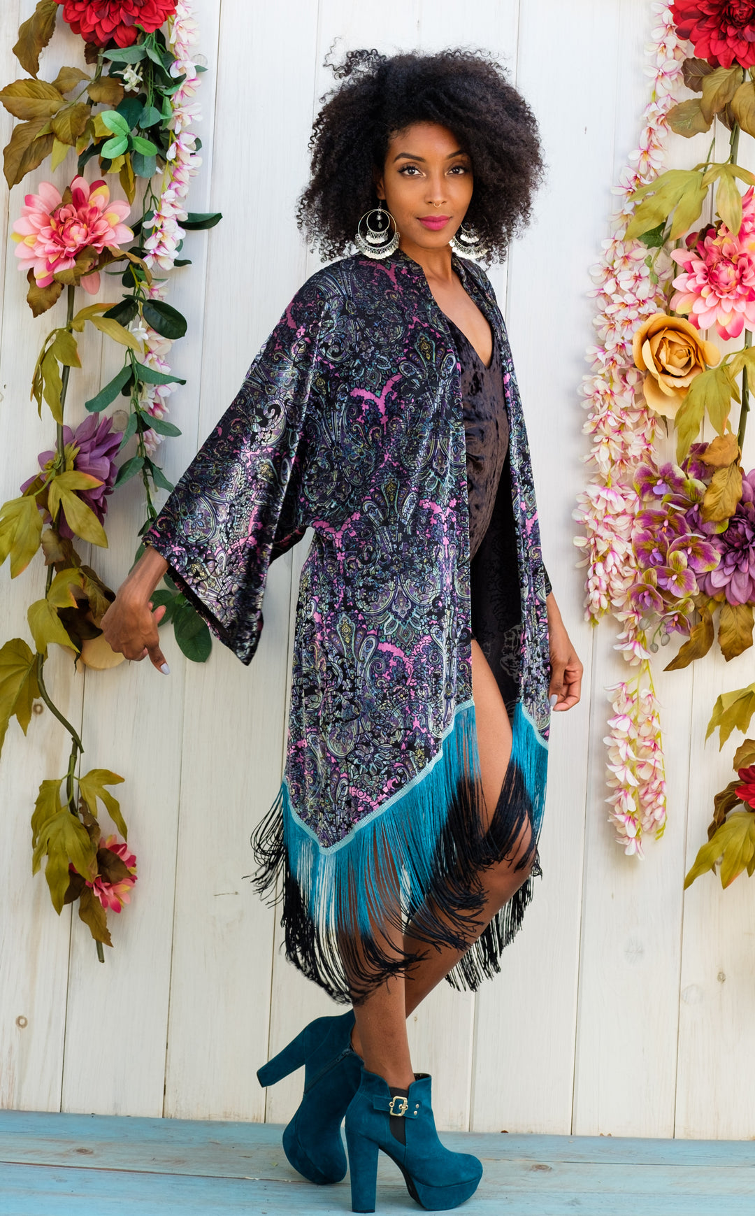 Pink Paisley Burnout Velvet Kimono with Teal/Black Ombre Fringe