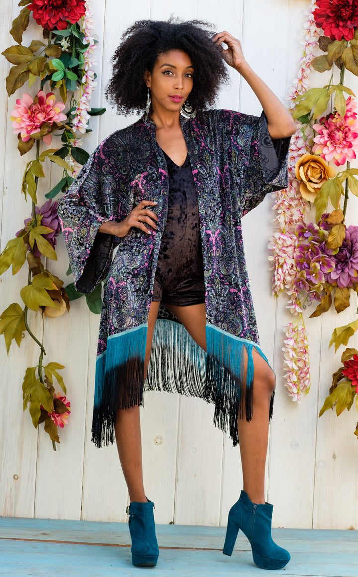 Pink Paisley Burnout Velvet Kimono with Teal/Black Ombre Fringe