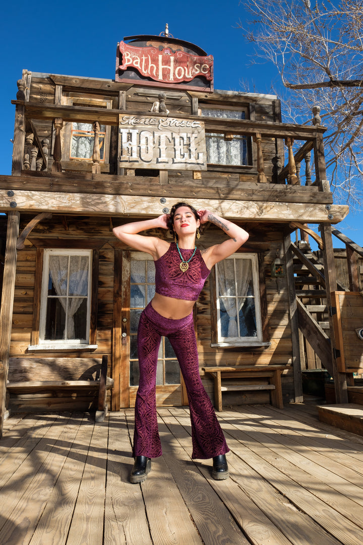 Maroon Burnout Velvet Slim Bells