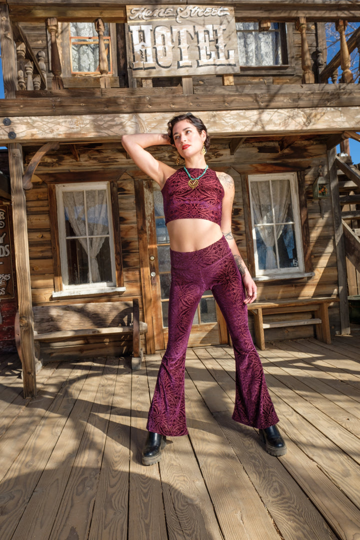 Maroon Burnout Velvet Slim Bells