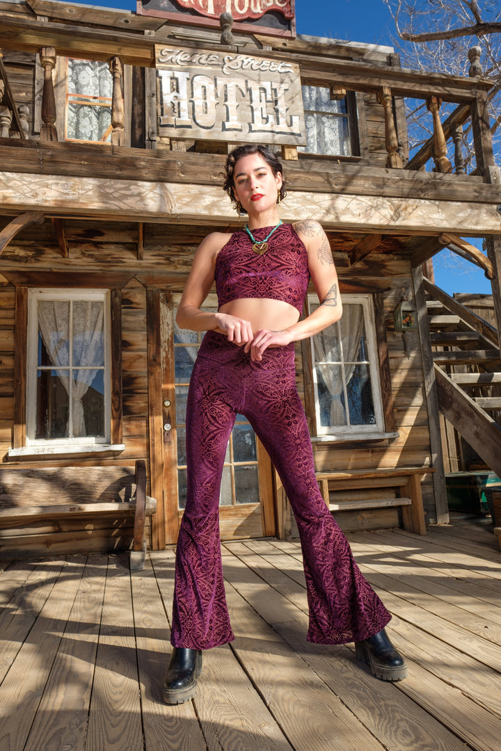 Maroon Burnout Velvet Slim Bells