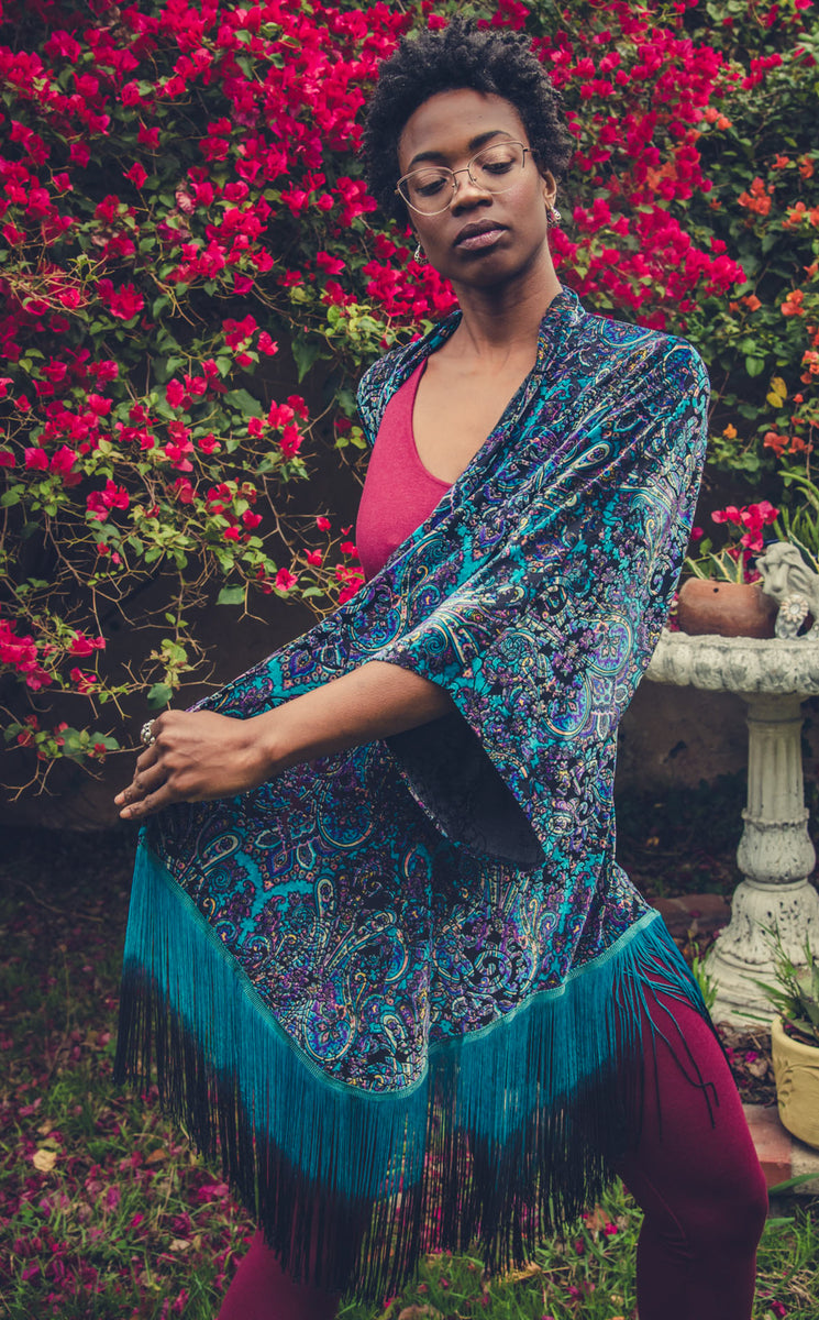 Purple Paisley Burnout Velvet Kimono with Teal/Black Ombre Fringe ...
