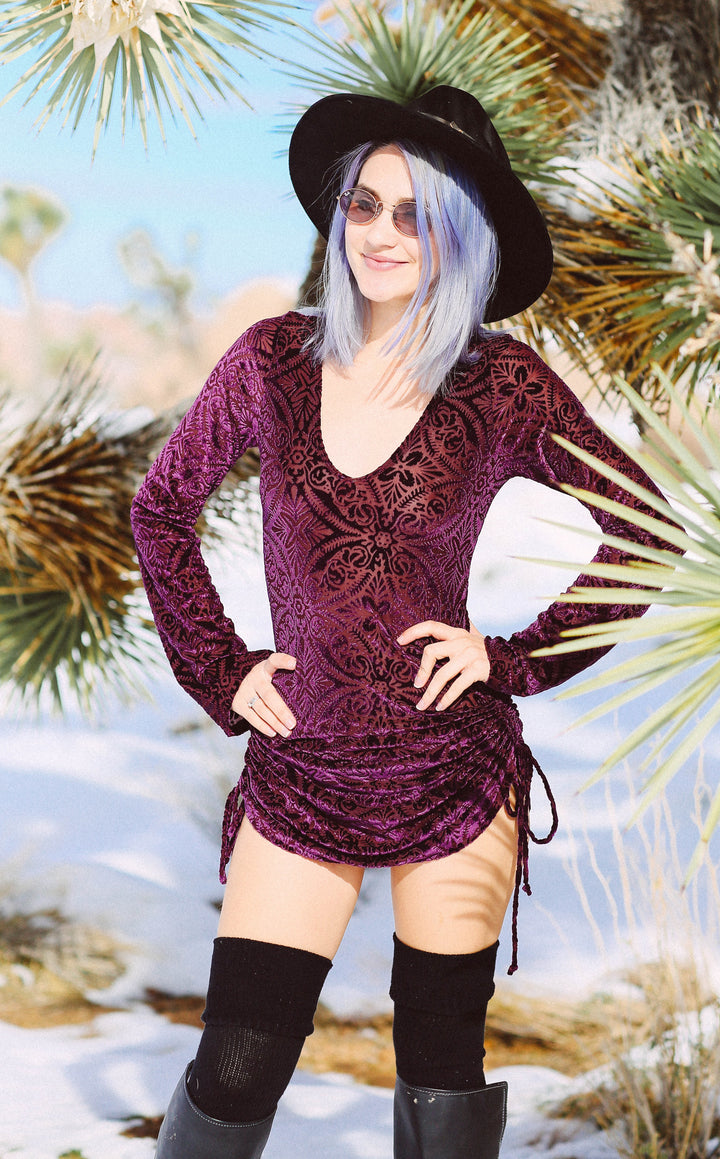 Maroon Burnout Sleeved Echo Cinch Dress