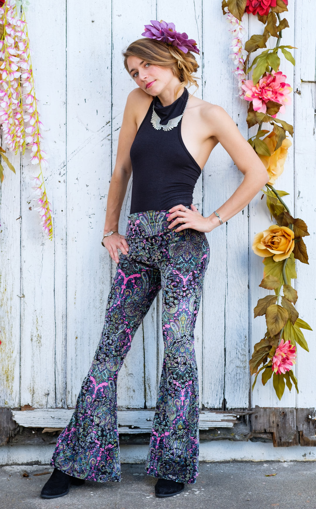 Pink Paisley Burnout Velvet Slim Bells