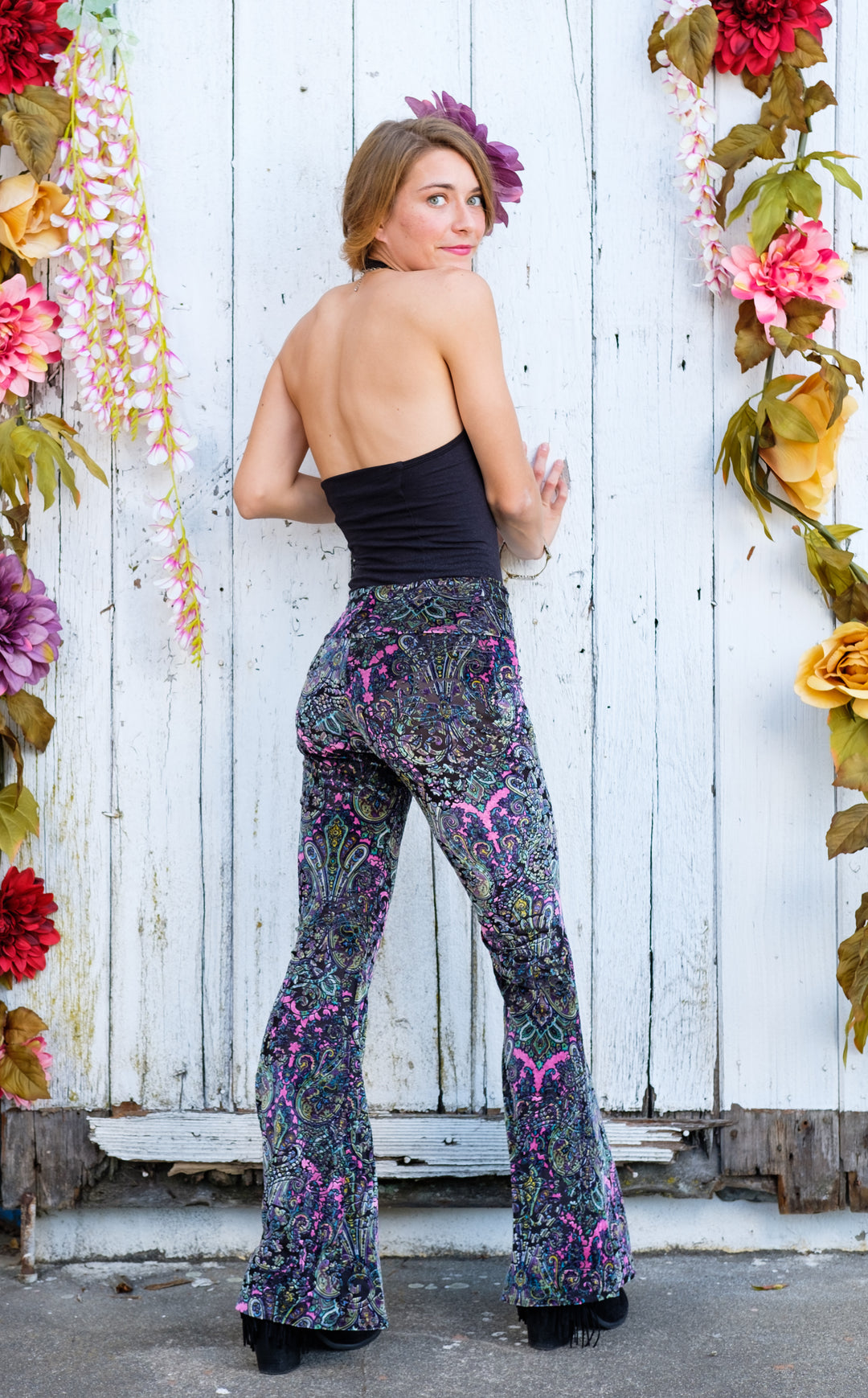 Pink Paisley Burnout Velvet Slim Bells